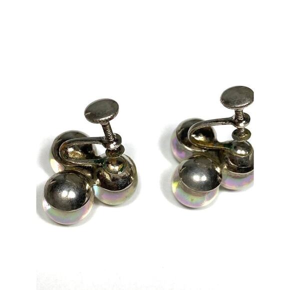 Screw Back Earrings Glass AB Beads Cluster Silver Tone Vintage Estate - Picture 4 of 14